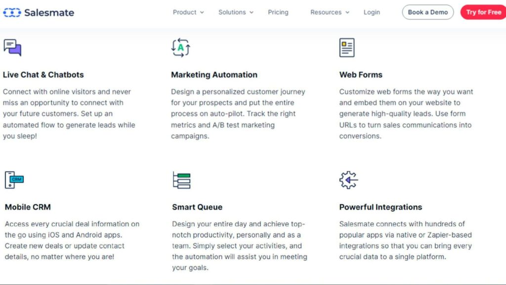 Image of some of the key features of salesmate - live chat & chatbots, marketing automation, web forums and powerful integrations