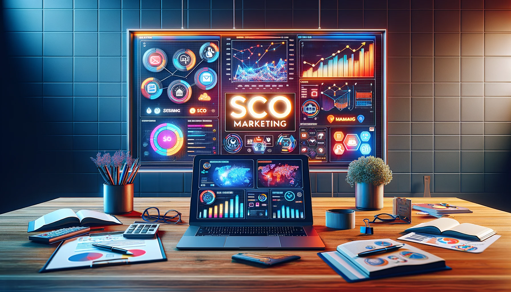A vibrant cover photo for a blog about SCO Marketing, featuring a modern workspace with digital marketing tools