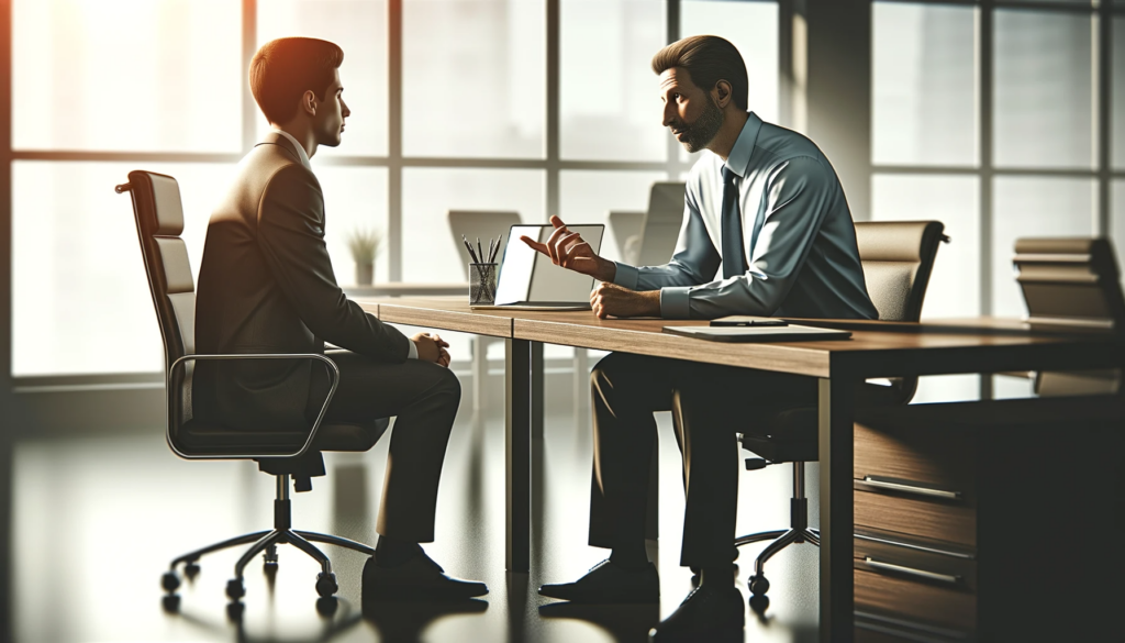 A sales manager in a professional office environment, engaged in a discussion with a sales team member. The focus is on the interaction between them.